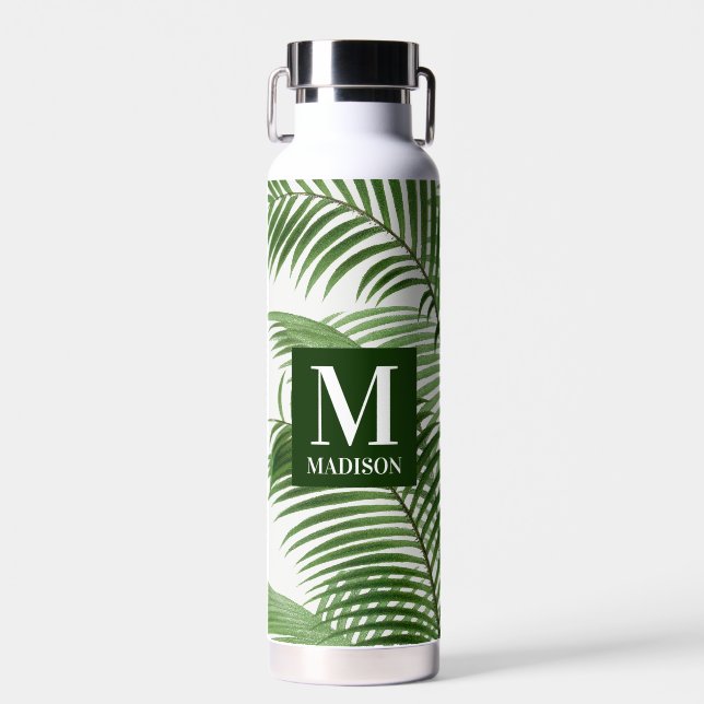 Tropical Greenery Palm Tree Monogrammed Water Bottle (Front)