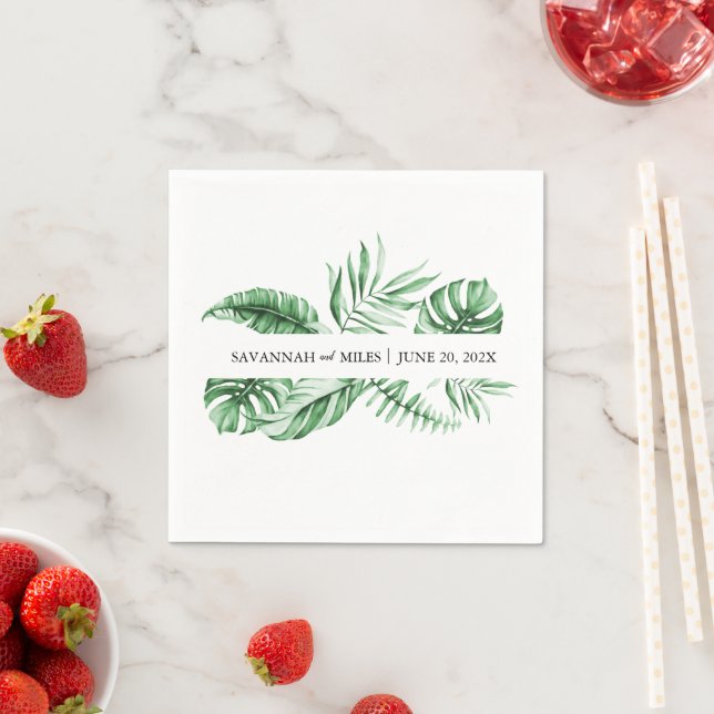 Tropical Greenery Palm Wedding Monogram Napkins (Insitu)