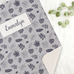 Tropical Greenery Pattern Stripe Monogram Purple Sherpa Blanket
