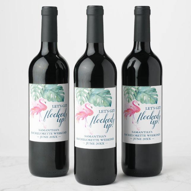 Tropical Greenery Pink Flamingo Wine Label (Bottles)