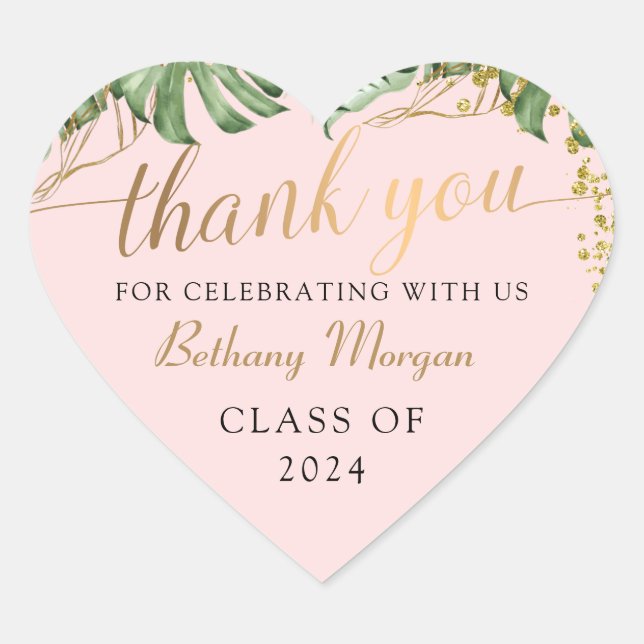Tropical Greenery Pink Gold Graduation Thank You Heart Sticker (Front)