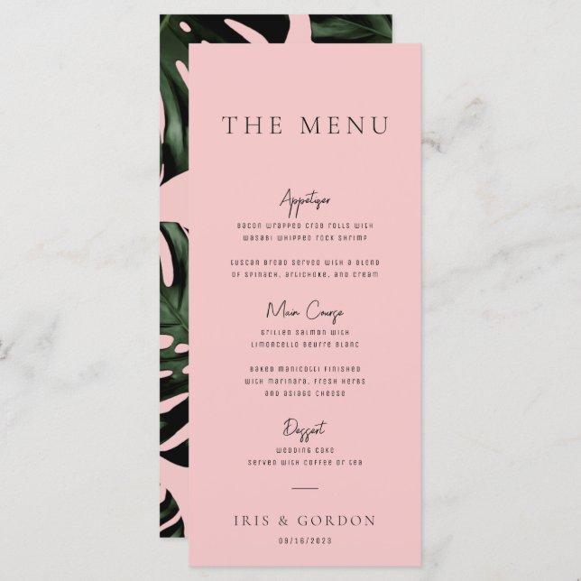 Tropical Greenery Rose Destination Wedding Menu (Front/Back)