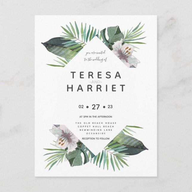 Tropical greenery rustic  invitation postcard (Front)
