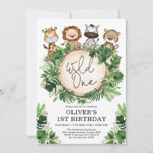 Tropical Greenery Safari Animals Wild One Birthday Invitation