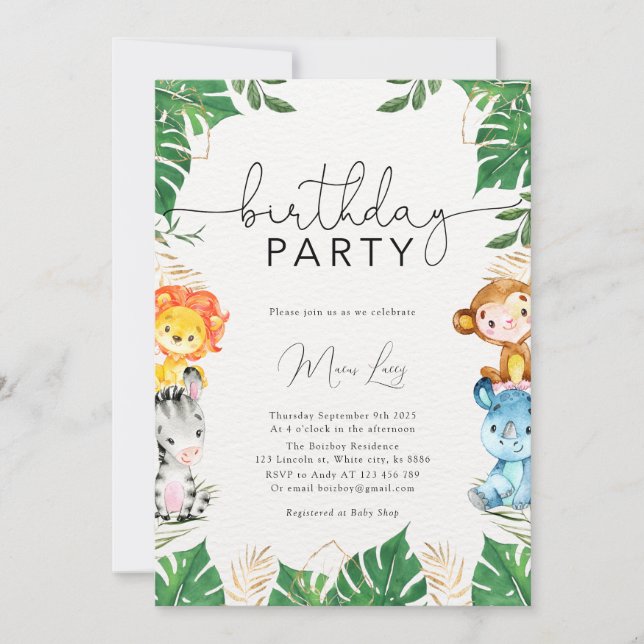 Tropical Greenery Safari Birthday Party Invitation (Front)
