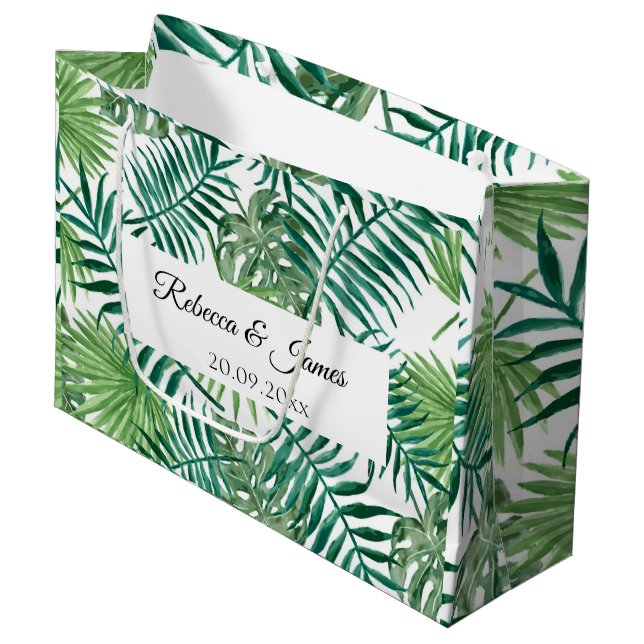 Tropical Greenery Script Name Beach Wedding  Large Gift Bag (Front Angled)