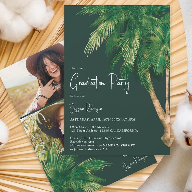 Tropical greenery script palm 3 photos graduation invitation (Creator Uploaded)