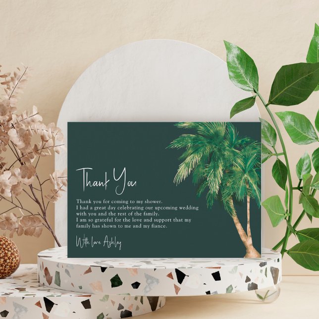 Tropical greenery script palm tree bridal shower thank you card (Creator Uploaded)