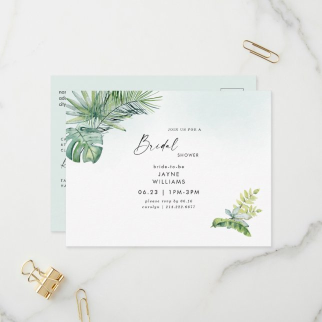 Tropical Greenery Sea Glass Bridal Shower   Invitation Postcard (Front/Back In Situ)