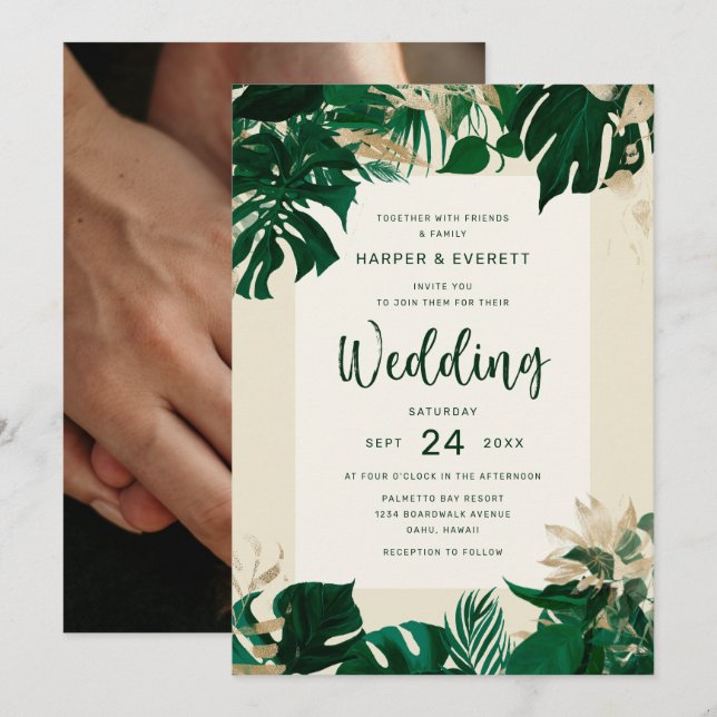 Tropical Greenery Theme with Photo Back Wedding Invitation (Front/Back)