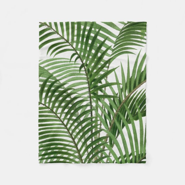 Tropical Greenery Watercolor Palm Tree Leaves Fleece Blanket (Front)