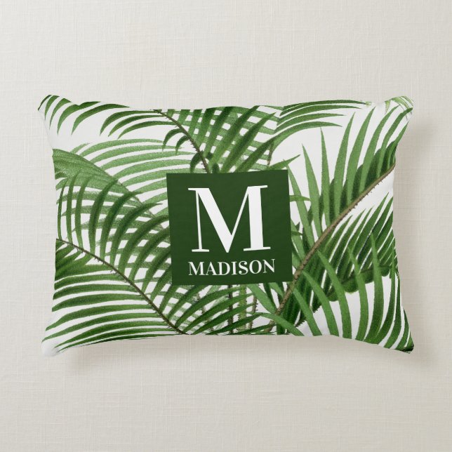 Tropical Greenery Watercolor Palm Tree Monogrammed Accent Pillow (Front)