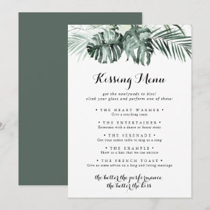 Tropical Greenery Wedding Kissing Menu Game Card