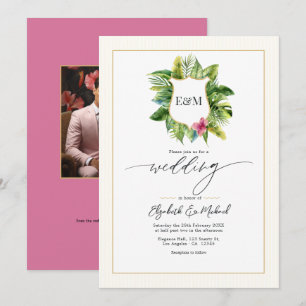Tropical Greenery Wedding Photo and QR Code Invitation