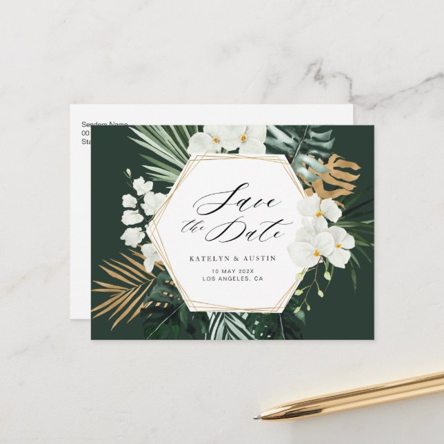 tropical greenery wedding save the date postcard (Front/Back In Situ)