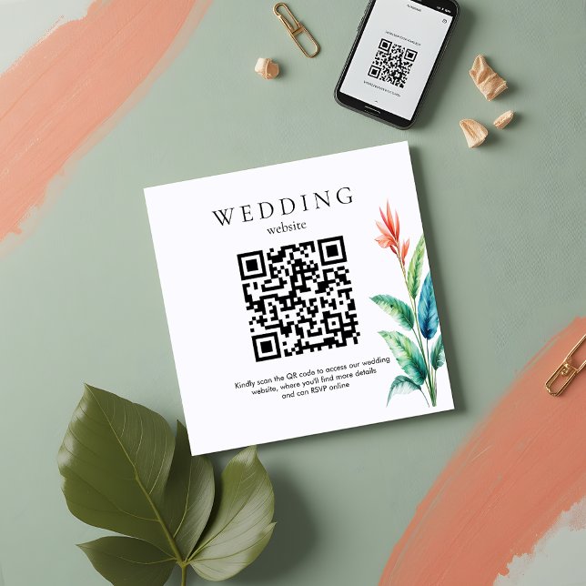 Tropical Greenery Wedding Website QR Code RSVP Enclosure Card (Creator Uploaded)