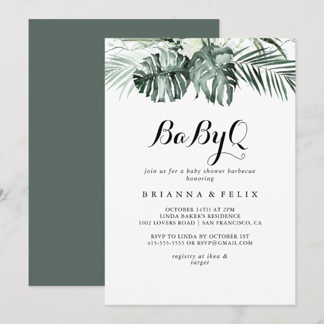 Tropical Greenery White BabyQ Baby Shower Barbecue Invitation (Front/Back)