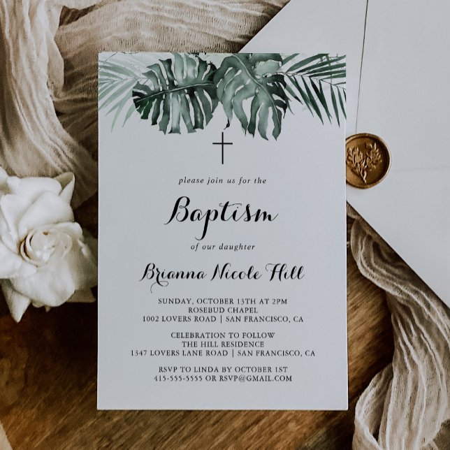 Tropical Greenery White Floral Baptism Invitation (Creator Uploaded)