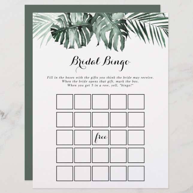 Tropical Greenery White Floral Bridal Bingo Game (Front/Back)