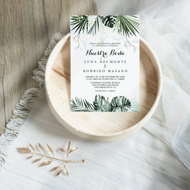 Tropical Greenery White Floral Nuestra Boda  Invitation (Creator Uploaded)