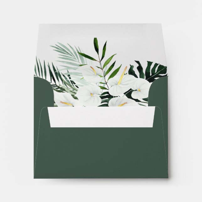 Tropical Greenery White Floral Self-Addressed RSVP Envelope (Back (Bottom))