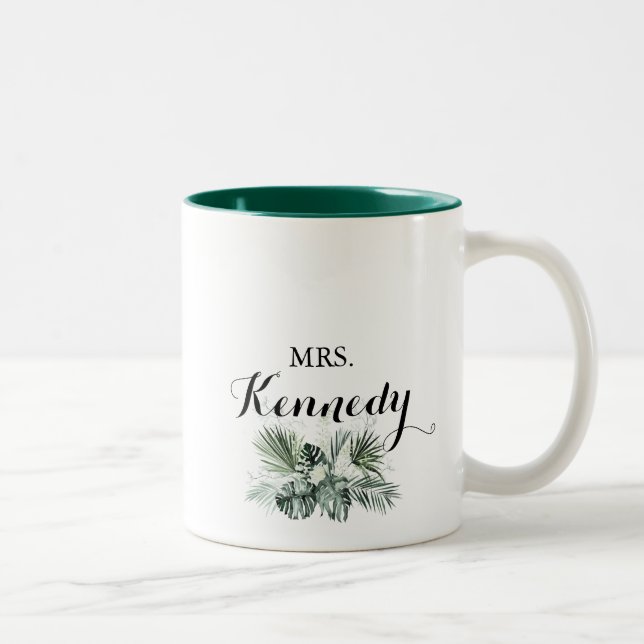 Tropical Greenery White Mrs Newlywed Bride Two-Tone Coffee Mug (Right)