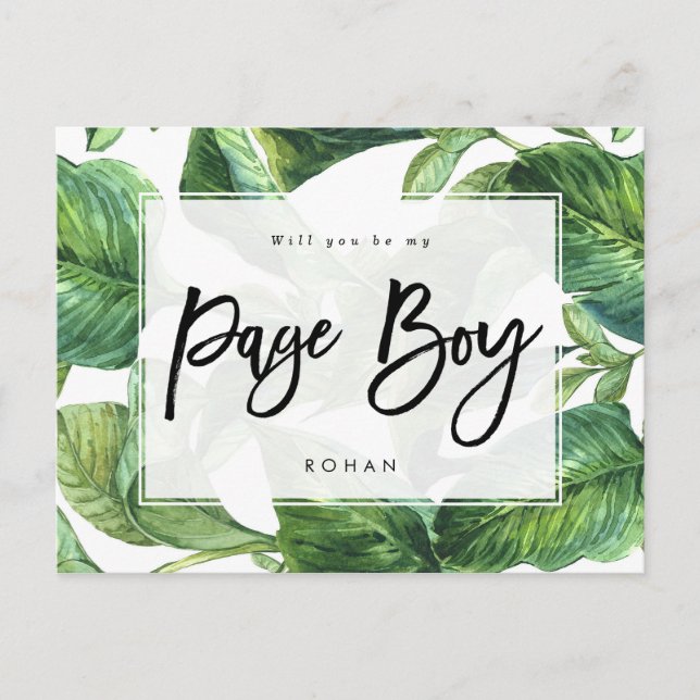 tropical greenery will you be my page boy announcement postcard (Front)