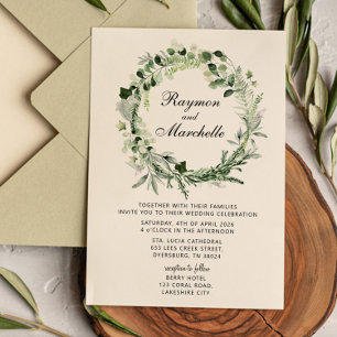 Tropical Greenery Wreath Wedding Invitation