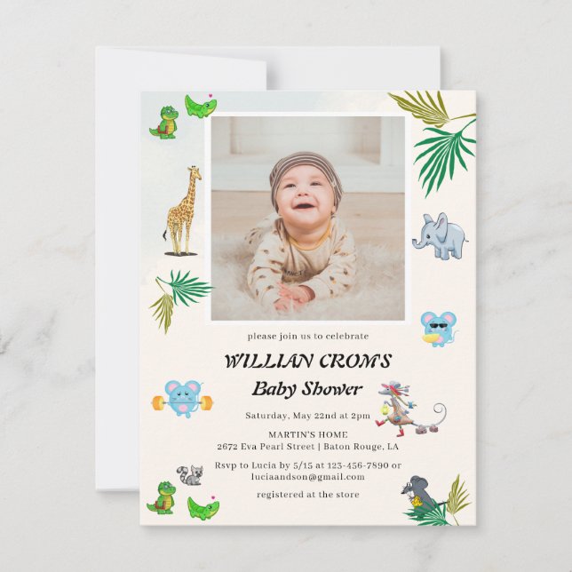 Tropical Greeny Forest Animals Baby Shower Invitation (Front)