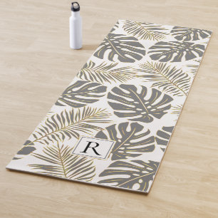 Tropical grey and gold leaves and monogram yoga mat