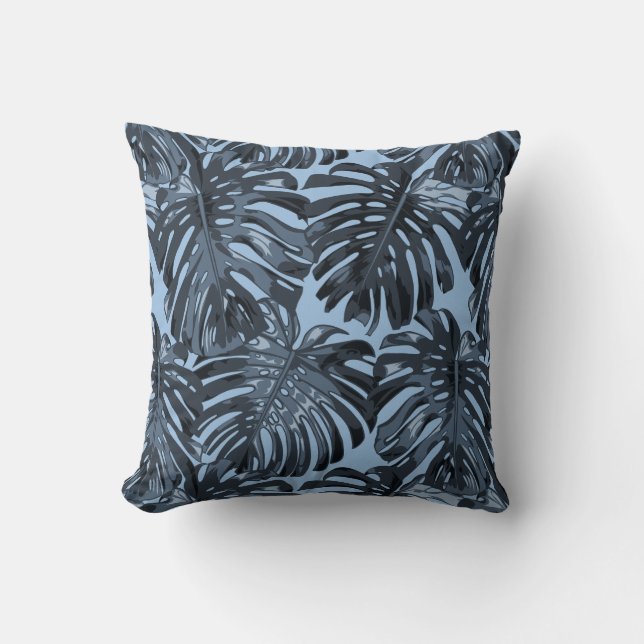 Tropical Grey Blue Palm Leaves Throw Pillow (Front)