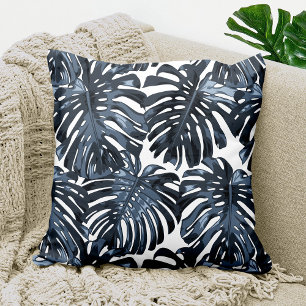 Tropical Grey Blue White Monstera Jungle Leaves Throw Pillow