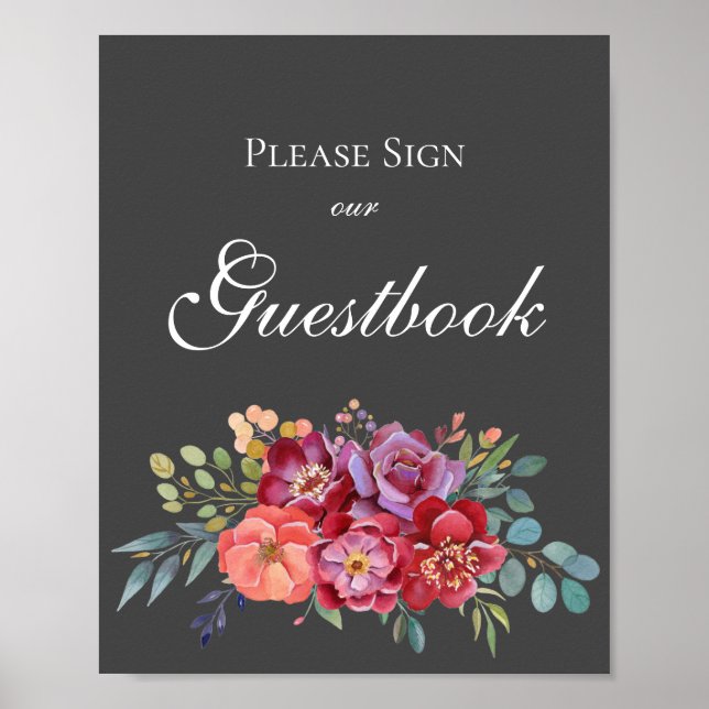 Tropical Grey Floral Guestbook Sign Poster V2 (Front)