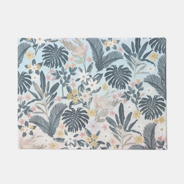 Tropical Grey Gold Foliage Floral Pattern Doormat (Front)