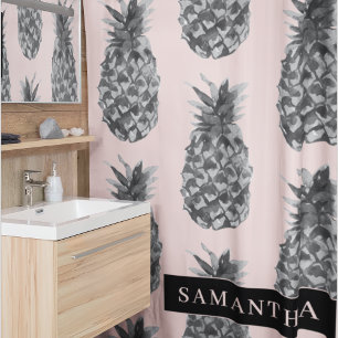 Tropical Grey & Pink Pineapple Pattern With Name