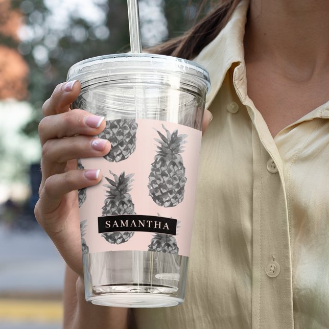 Tropical Grey & Pink Pineapple Pattern With Name Acrylic Tumbler (Creator Uploaded)
