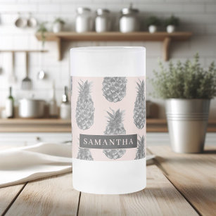 Tropical Grey & Pink Pineapple Pattern With Name Frosted Glass Beer Mug