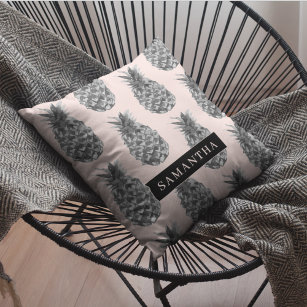 Tropical Grey & Pink Pineapple Pattern With Name Outdoor Pillow