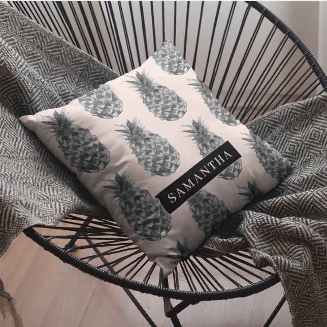 Tropical Grey & Pink Pineapple Pattern With Name Outdoor Pillow (Creator Uploaded)