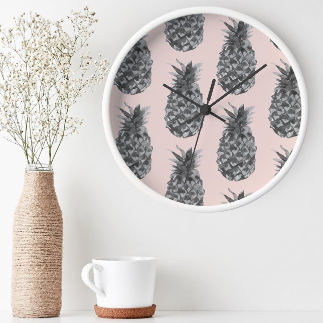 Tropical Grey & Pink Pineapple Seamless Pattern Round Clock (Creator Uploaded)