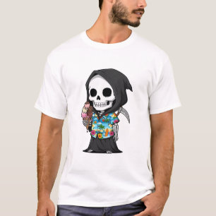 Tropical Grim Treats – Playful Skeleton Cartoon T-Shirt
