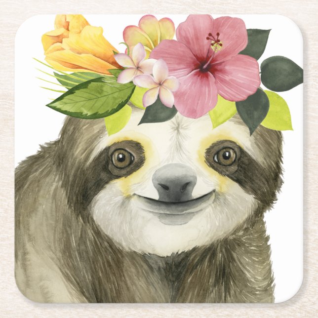 Tropical Halo | Sweet Sloth Square Paper Coaster (Front)