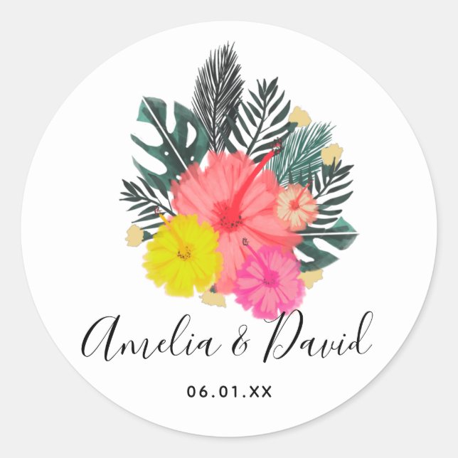Tropical Hand Drawn Hawaii Script Wedding / Classic Round Sticker (Front)