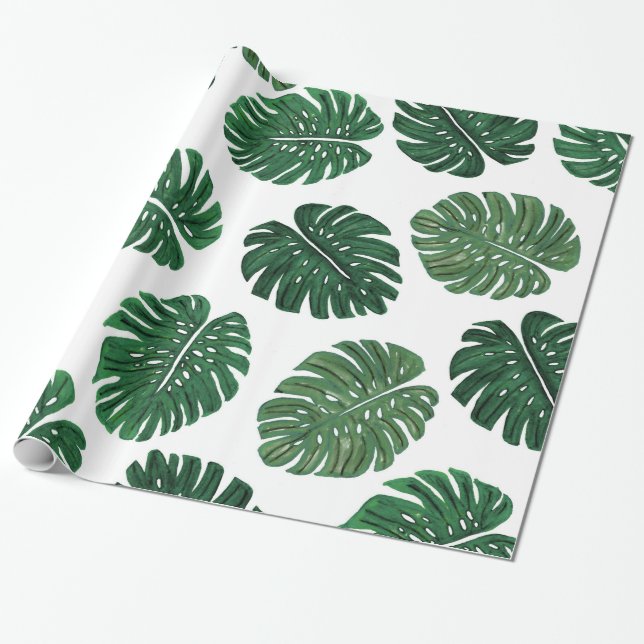 Tropical Hand Painted Swiss Cheese Plant Leaves Wrapping Paper (Unrolled)