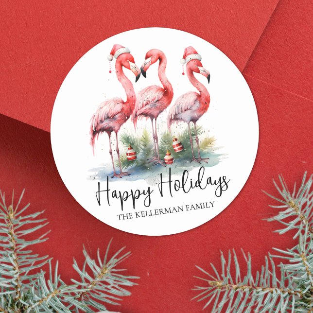 Tropical Happy Holidays Classic Round Sticker (Tropical Happy Holidays Classic Round Sticker )