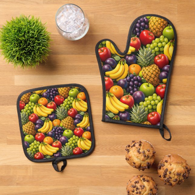 Tropical harvest, vibrant fruit pattern, oven mint mitt & pot holder set (Top Down)
