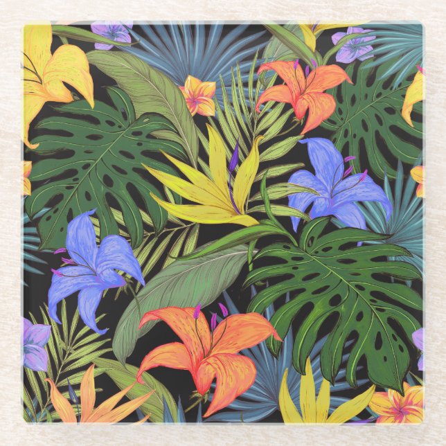 Tropical Hawaii Aloha Flower Graphic Glass Coaster (Front)