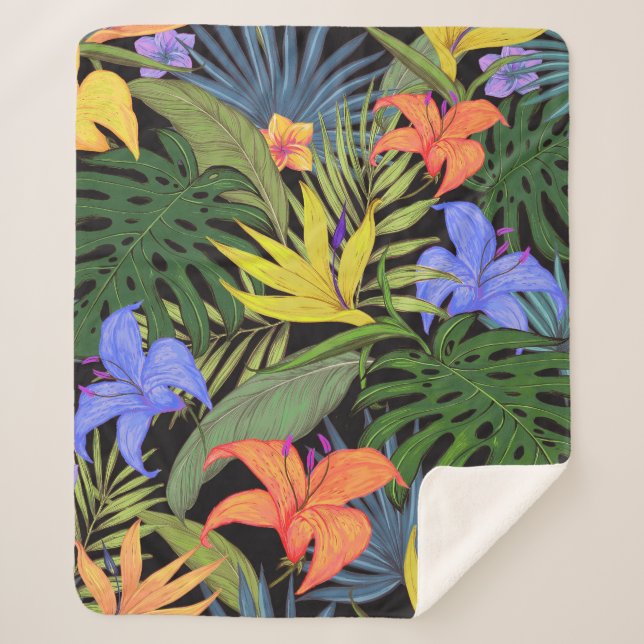 Tropical Hawaii Aloha Flower Graphic Sherpa Blanket (Front)