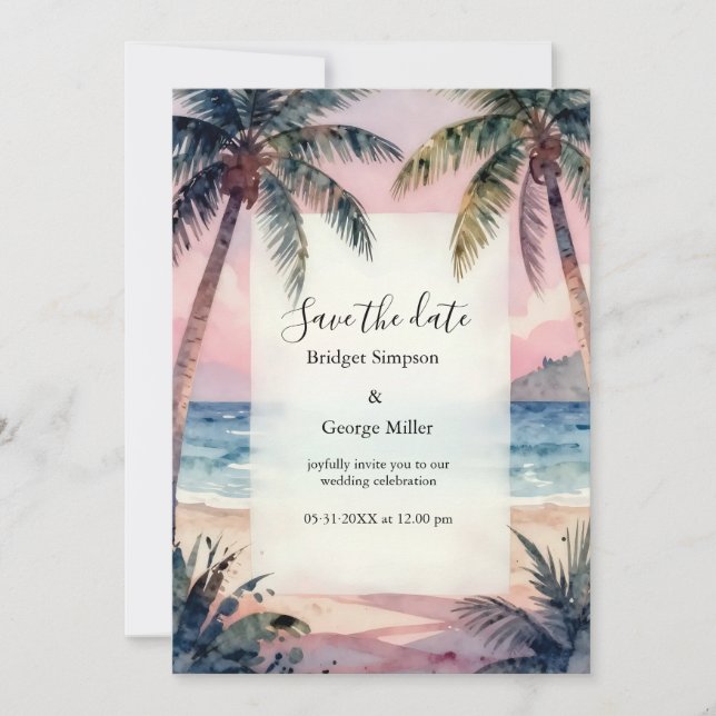 Tropical Hawaii Beach Palms Sunset wedding Invitation (Front)