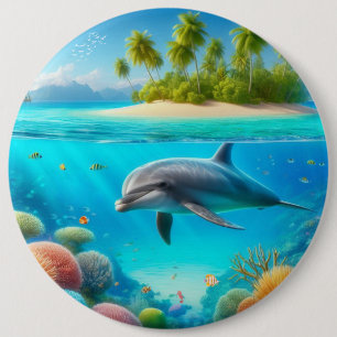Tropical/Hawaii colourful underwater dolphin 6 Inch Round Button